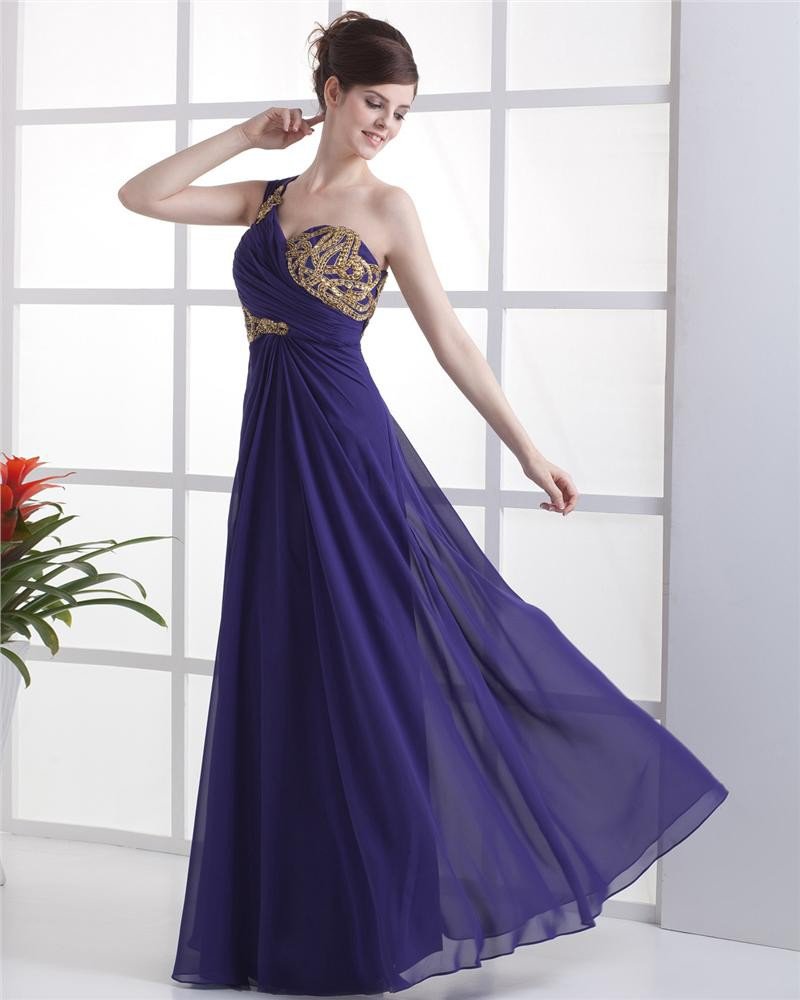 Chiffon Applique Beading Ruffle One Shoulder Floor Length Evening Dress
