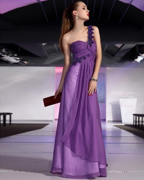 Sexy Ruffle Beaded Chiffon One Shoulder Floor Length Evening Dresses