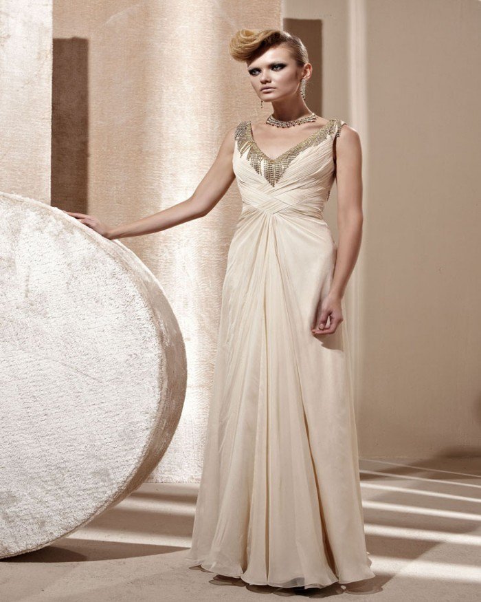 Gorgeous V Neck Ruffle Beaded Sleeveless Floor Length Evening Dresses