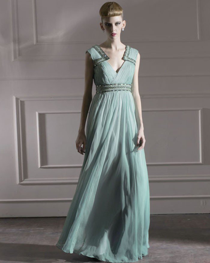 Silk Charmeuse V-neck Bead Floor Length Evening Dress