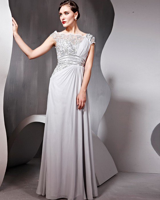Tulle Chiffon Charmeuse Beading Square Neck Floor Length Evening Dresses