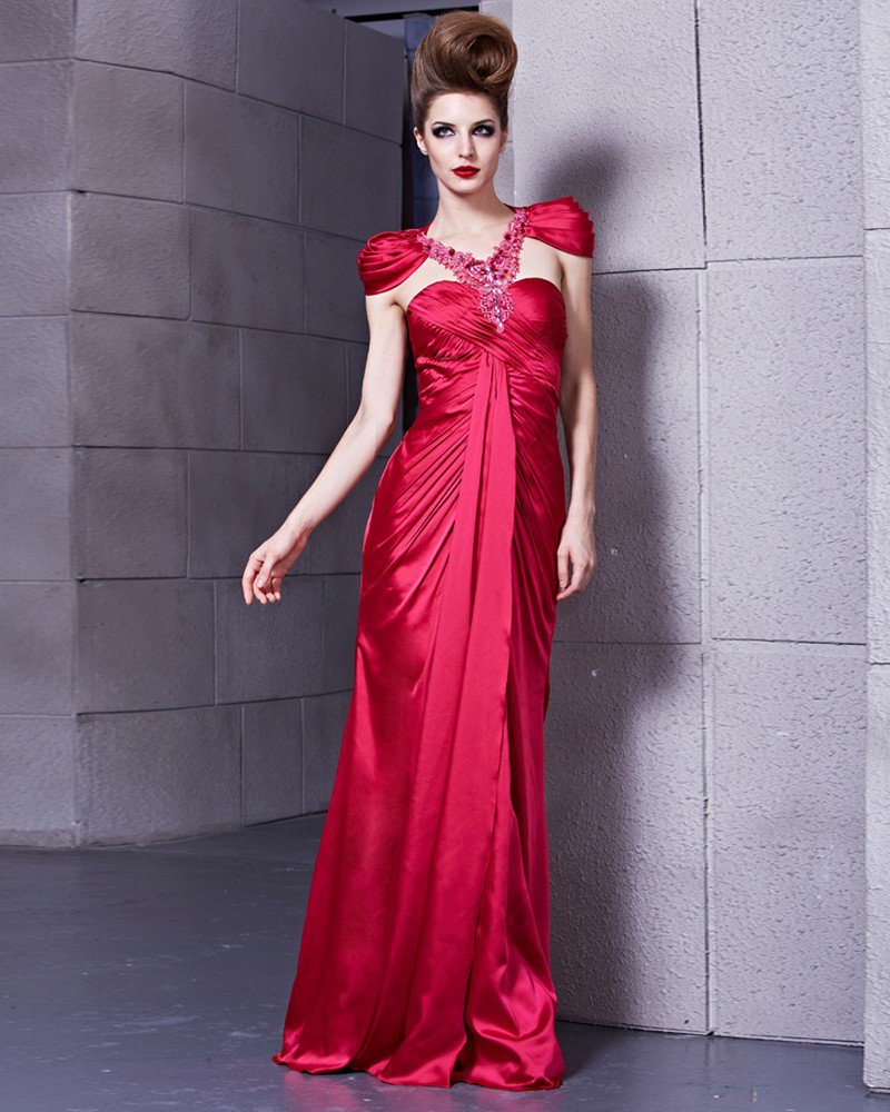 Petal Sleeve V Neck Floor Length Lace Pleated Beading Charmeuse Empire Woman Evening Dress