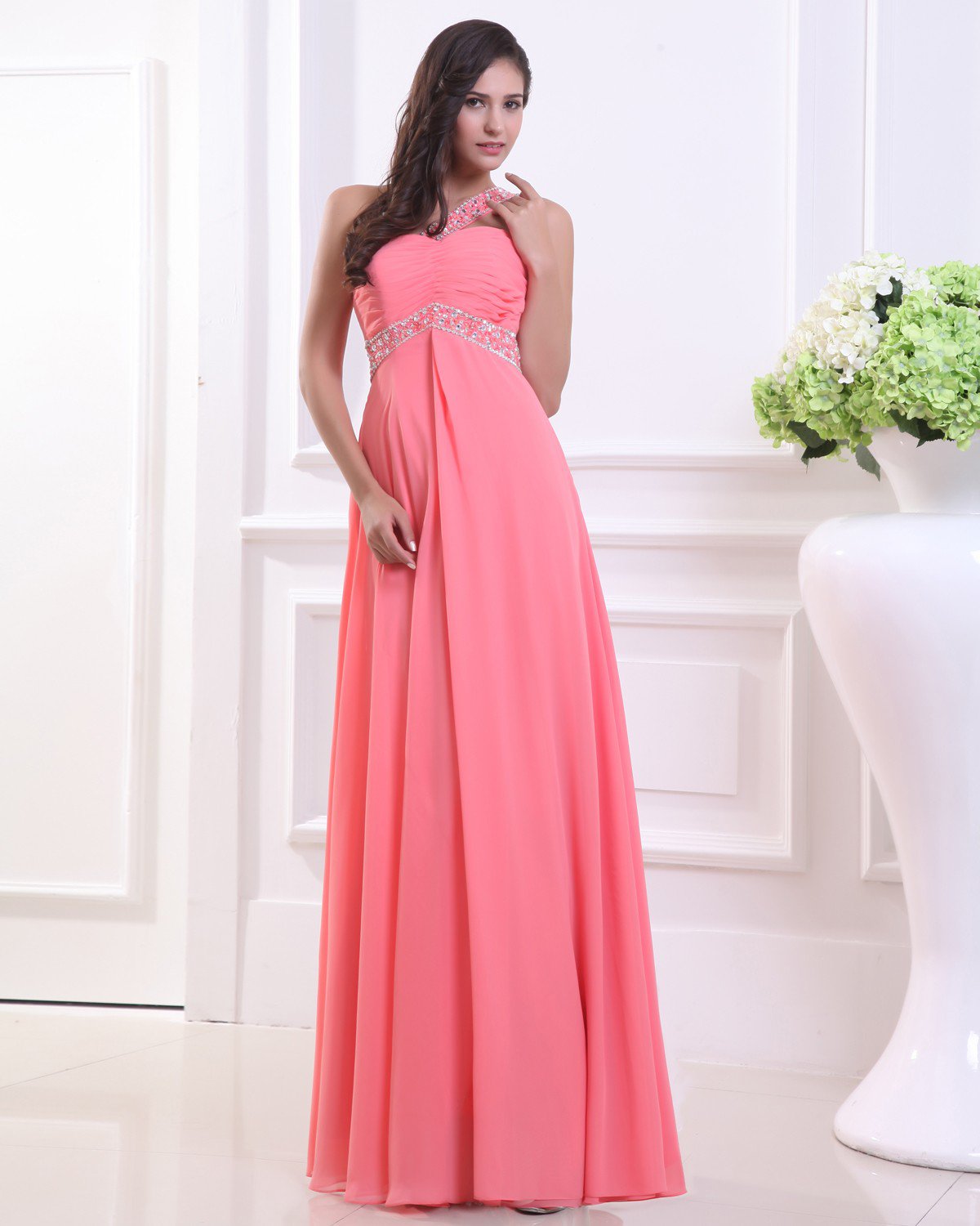 Fashion Chiffon Pleated Beaded One Shoulder Floor Length Evening Dress