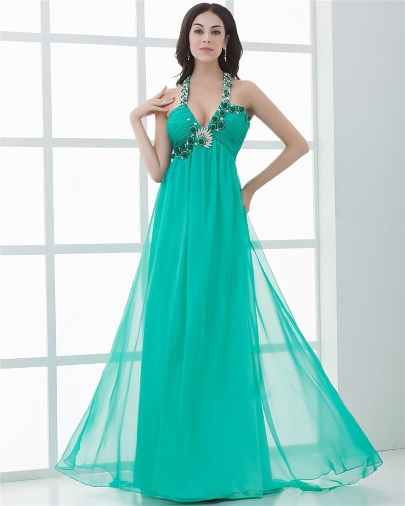 Fascinating Halter Floor Length Beading Pleated Chiffon Celebrity Dresses