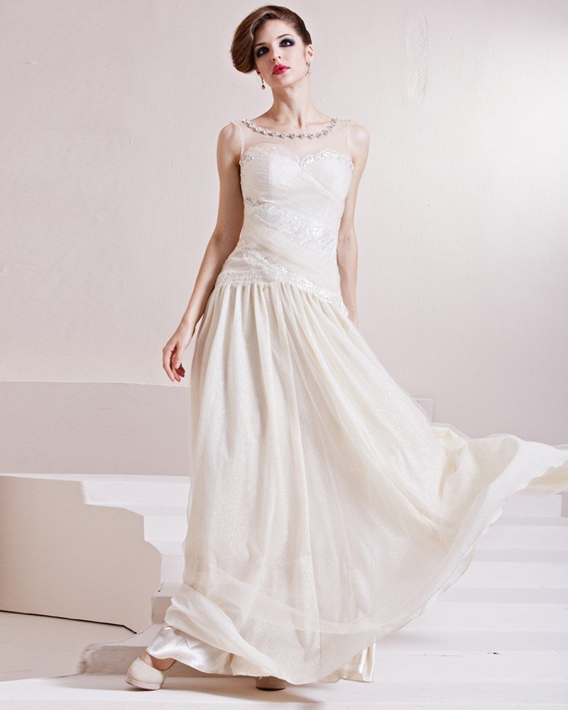 Elastic Silk Like Satin Charmeuse Beading Jewel Sleeveless Floor Length Pleated Evening Dress