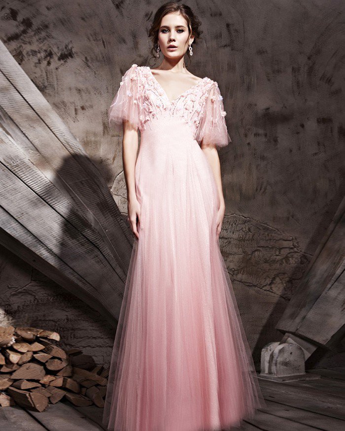 Gilbey's Satin Tulle Retro Puff Sleeve Floor Length Evening Dresses