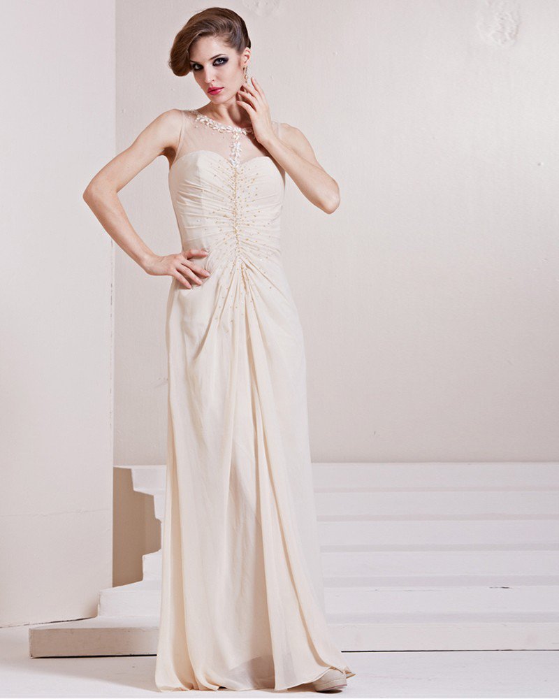 Elastic Silk Like Satin Charmeuse Gauze Sequins Ruffle Jewel Sleeveless Floor Length Pleated Evening