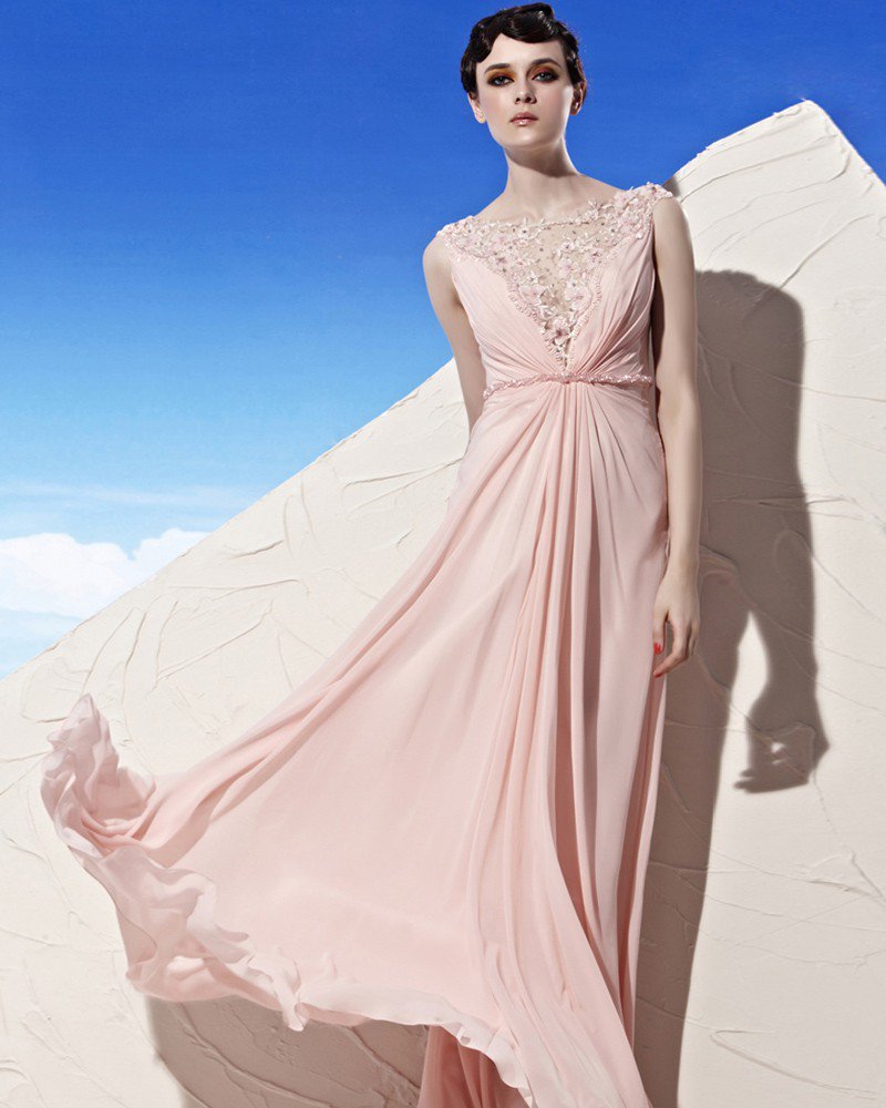 Round Neck Lace Flower Beading Floor Length Empire Tencel Woman Evening Dress