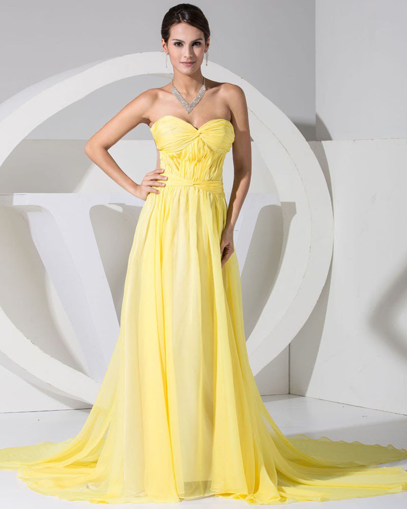 Fashion Chiffon Charmeuse Silk Ruffle Court Train Sweetheart Women Evening Dress