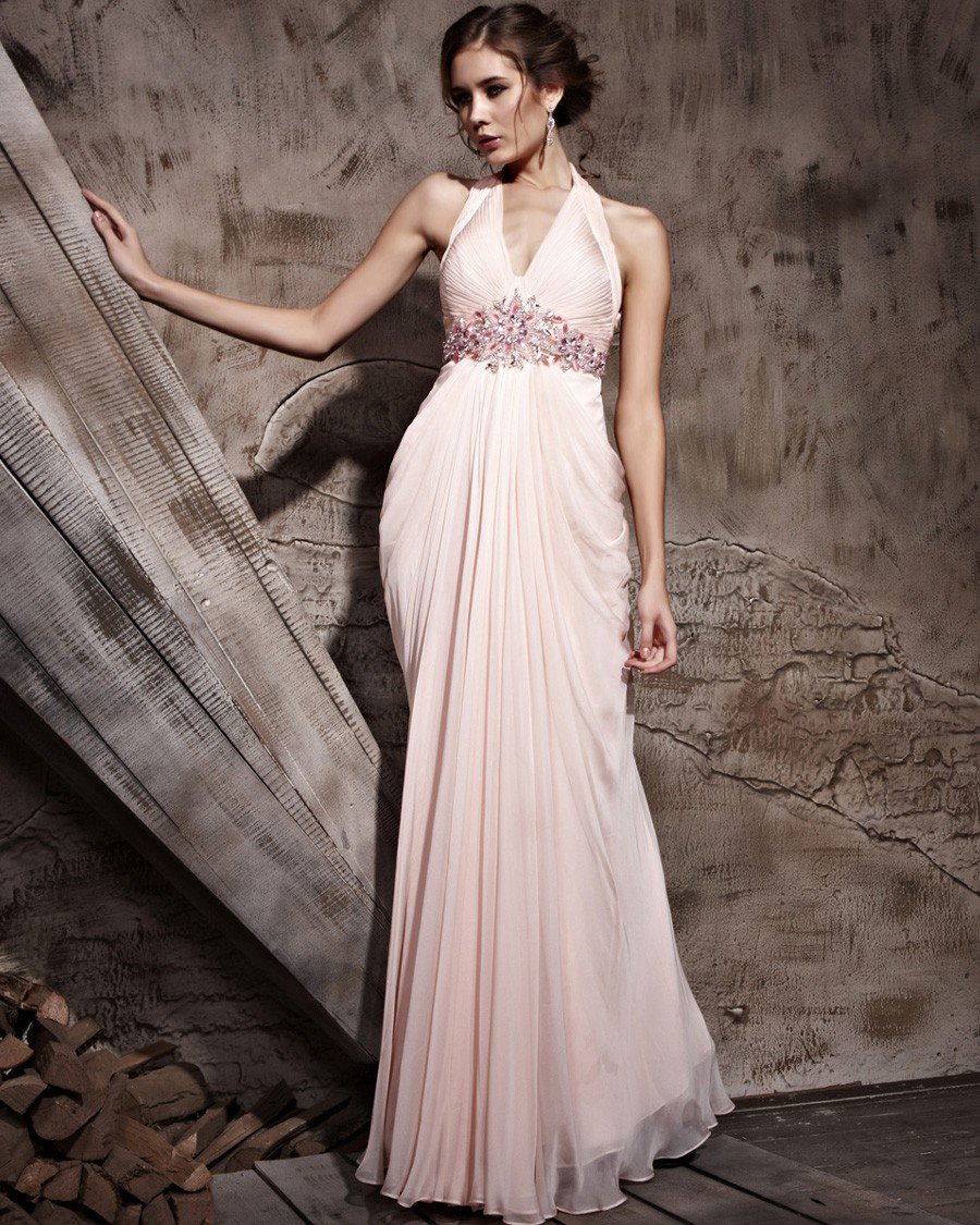 Floor Length Hanging V-Neck Sleeveless Tencel Satin Evening Dresses