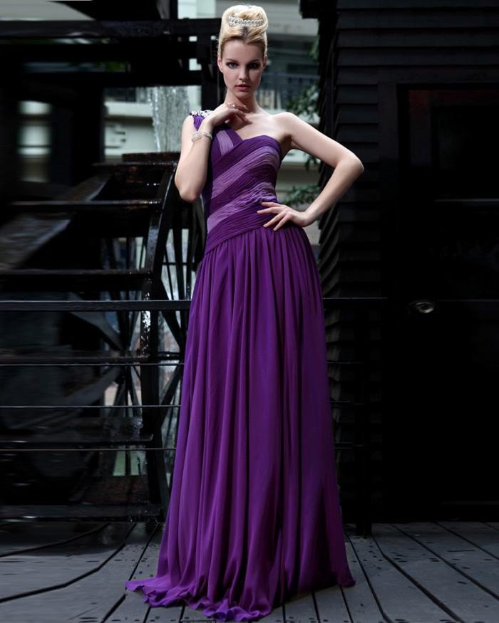 Silk One Shoulder Drape Rhinestone Floor Length Evening Dresses