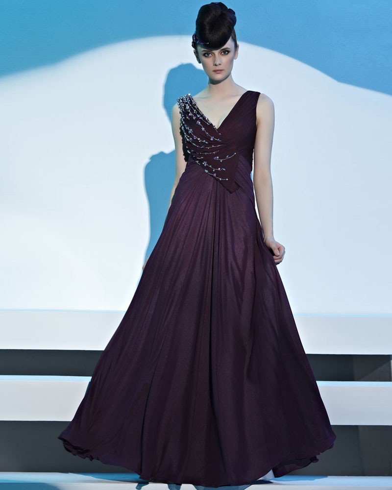 V Neck Beading Sleeveless Back Crossed Floor Length Chiffon Woman Evening Dress