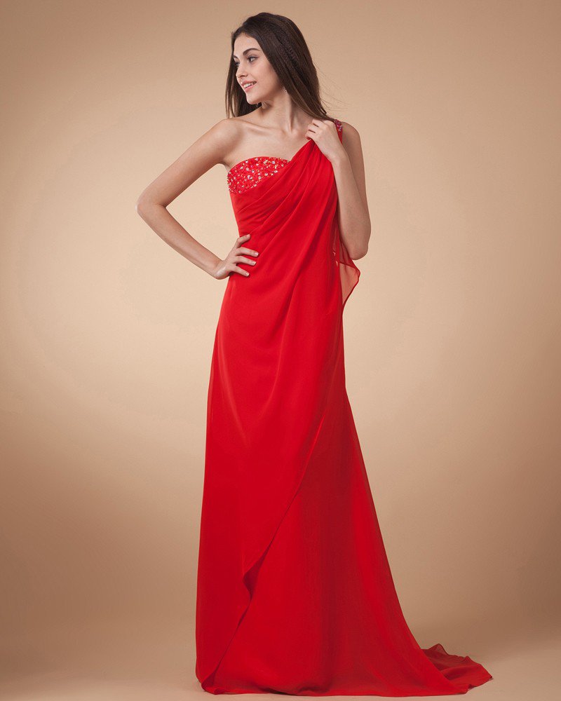 Sheath Sloping Floor Length Chiffon Ruffles Women's Prom Dress