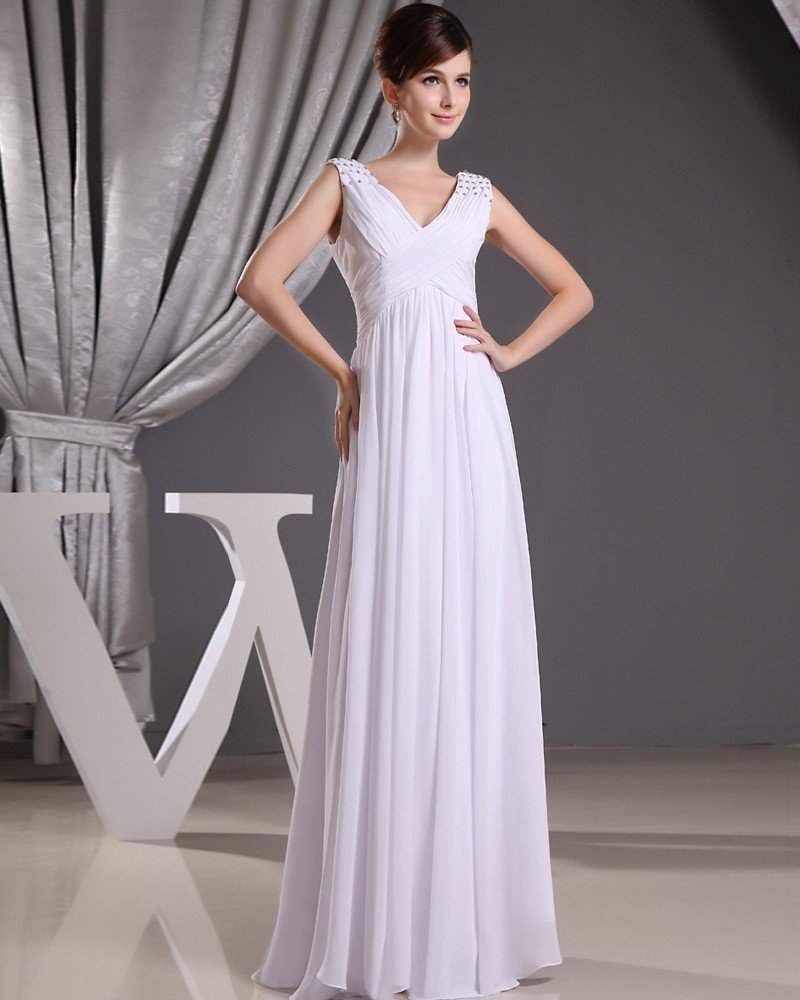 Fashion Chiffon Charmeuse Silk Pleated V Neck Floor Length Sleeveless Women Evening Dress