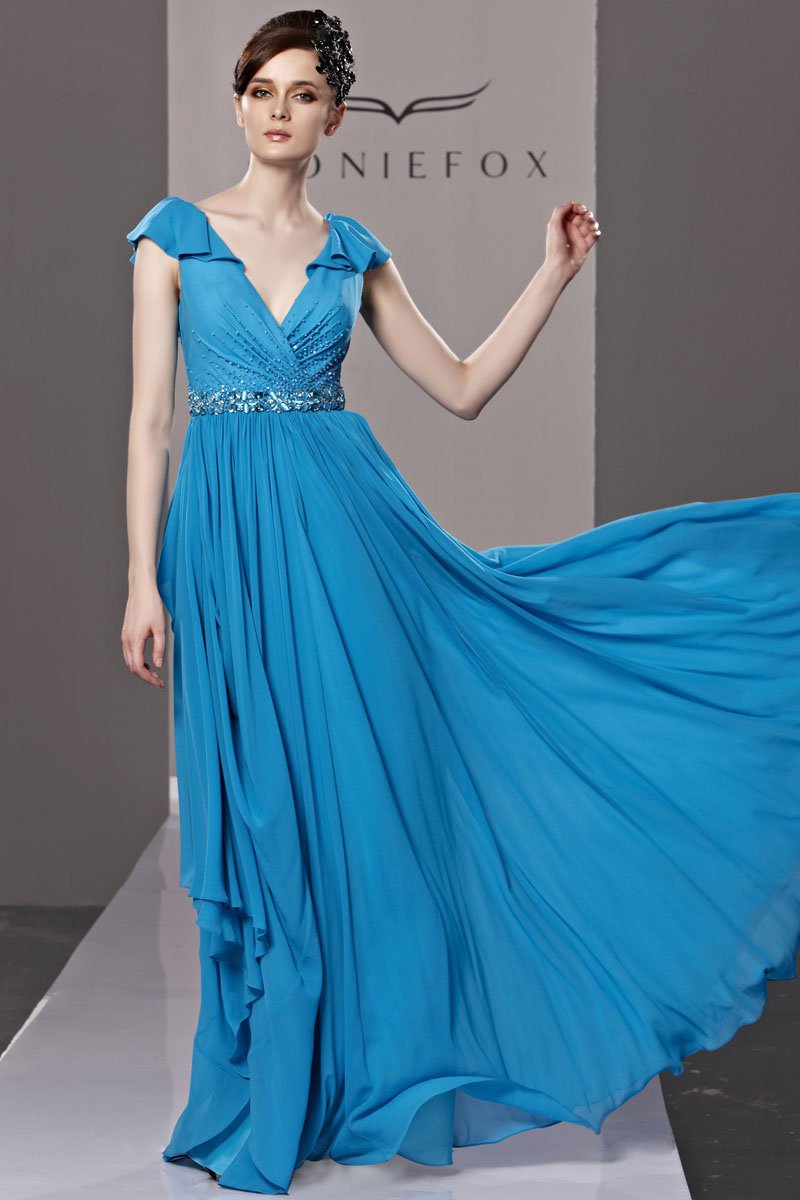 V Neck Beading Ruffle Lotus Leaf Hem Short Sleeve Zipper Floor Length Empire Tencel Woman Evening Dr