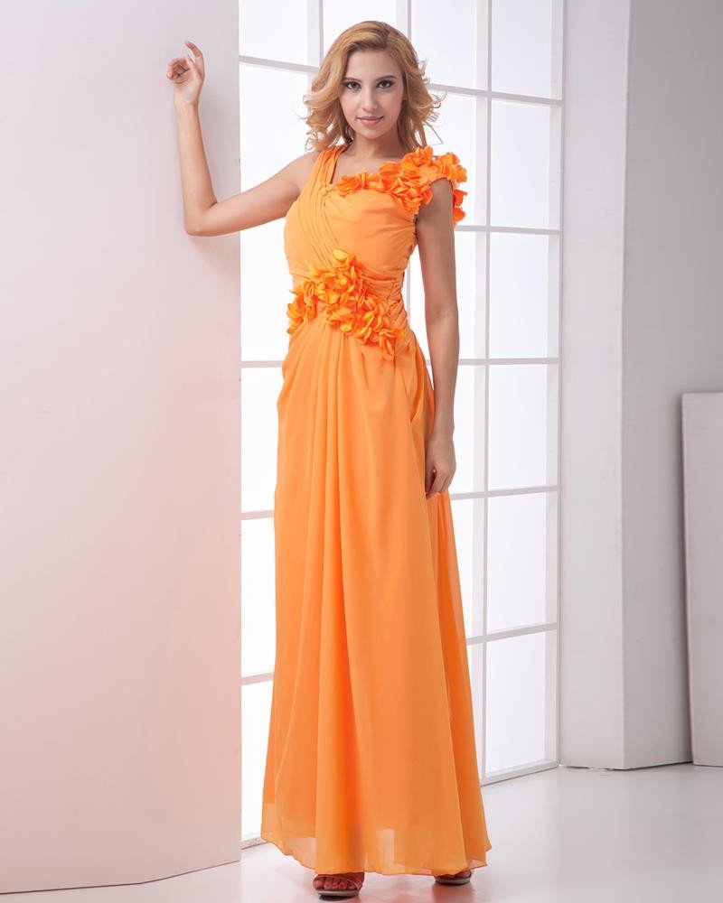 Chiffon Ruffle Oblique V Collar Flower Sleeveless Ankle Length Pleated Evening Dresses