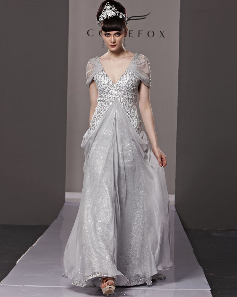 V Neck Beading Ruffle Princess Short Sleeve Backless Floor Length Tencel Woman Evening Dress