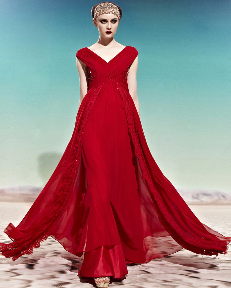 V Neck Beading Sleeveless Crossed Empire Floor Length Charmeuse Woman Evening Dress