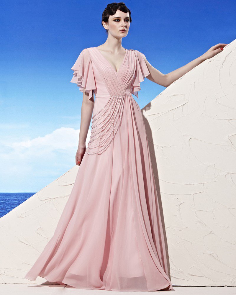 Floor Length V Neck Beading Ruffle Sleeve Empire Tencel Woman Evening Dress