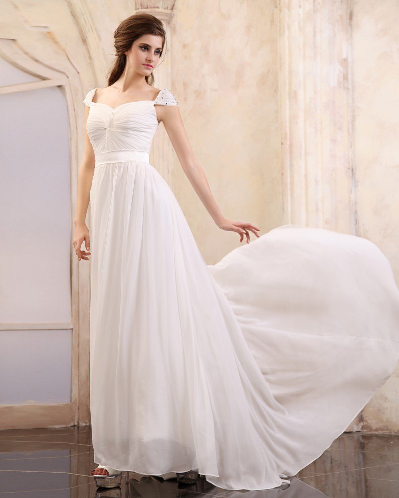 Sleeveless Chiffon Beading Ruffles V-Neck Floor Length Evening Dresses