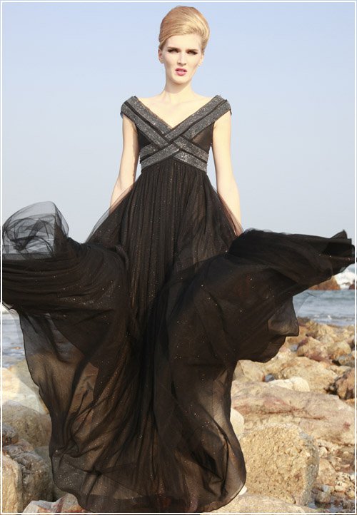 Silk Beading Ruffle V Neck Floor Length Prom Evening Dress