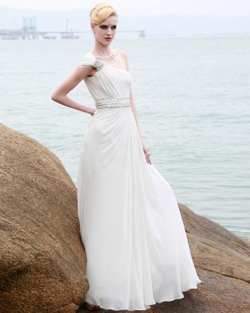 Charmeuse Silk Beading Pleated One Shoulder Floor Length Evening Dresses
