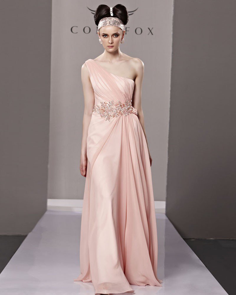 One Shoulder Strapless Beading Flower Sleeveless Backless Floor Length Tencel Woman Evening Dresses