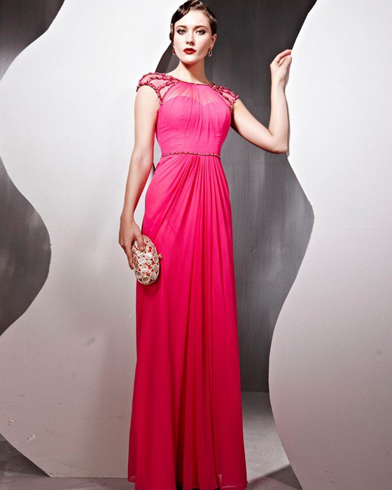 Beaded Tulle Silk Charmeuse Jewel Neck Floor Length Evening Dresses