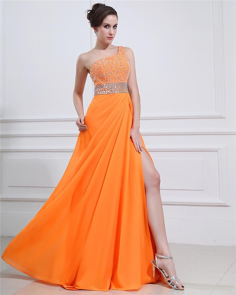 Chiffon Ruffle Applique Beading One Shoulder Floor Length Evening Dresses