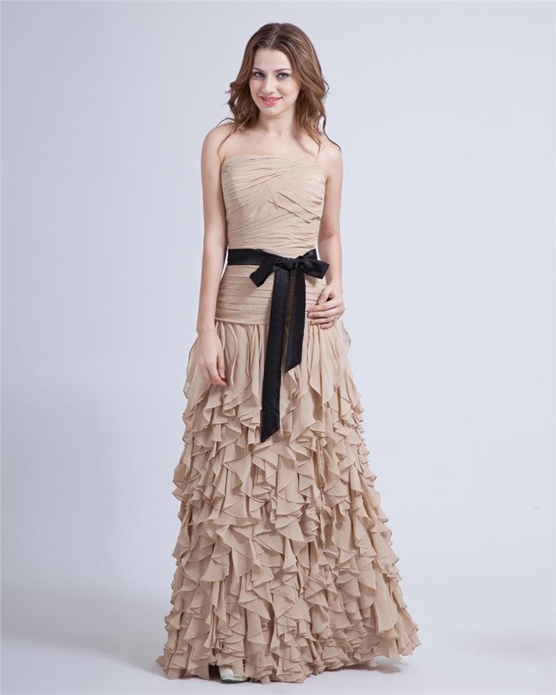 Off The Shoulder Belt Bowknot Ruffles Layer Upon Layer Floor Length Chiffion Evening Dress