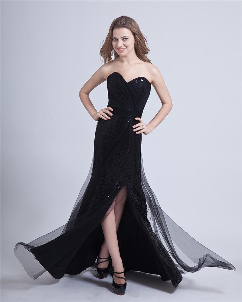 Paillette Yarn Ruffle Sweetheart Floor Length Prom Dresses