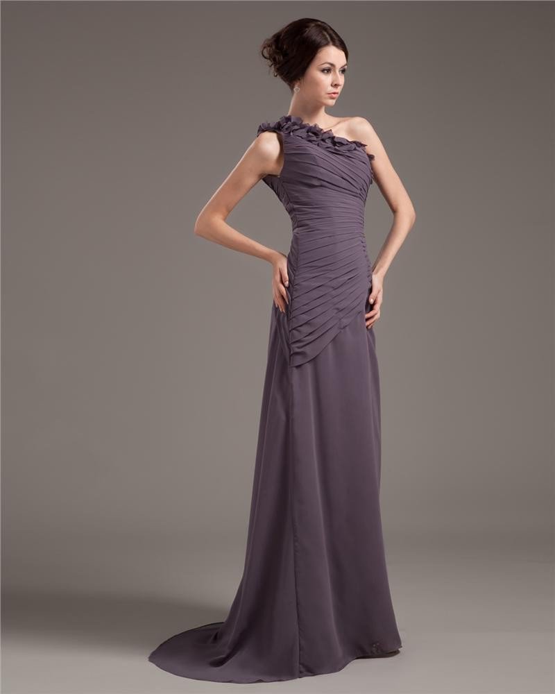 Chiffon One Shouder Ruffle Floor-Length Sheath Evening Dresses