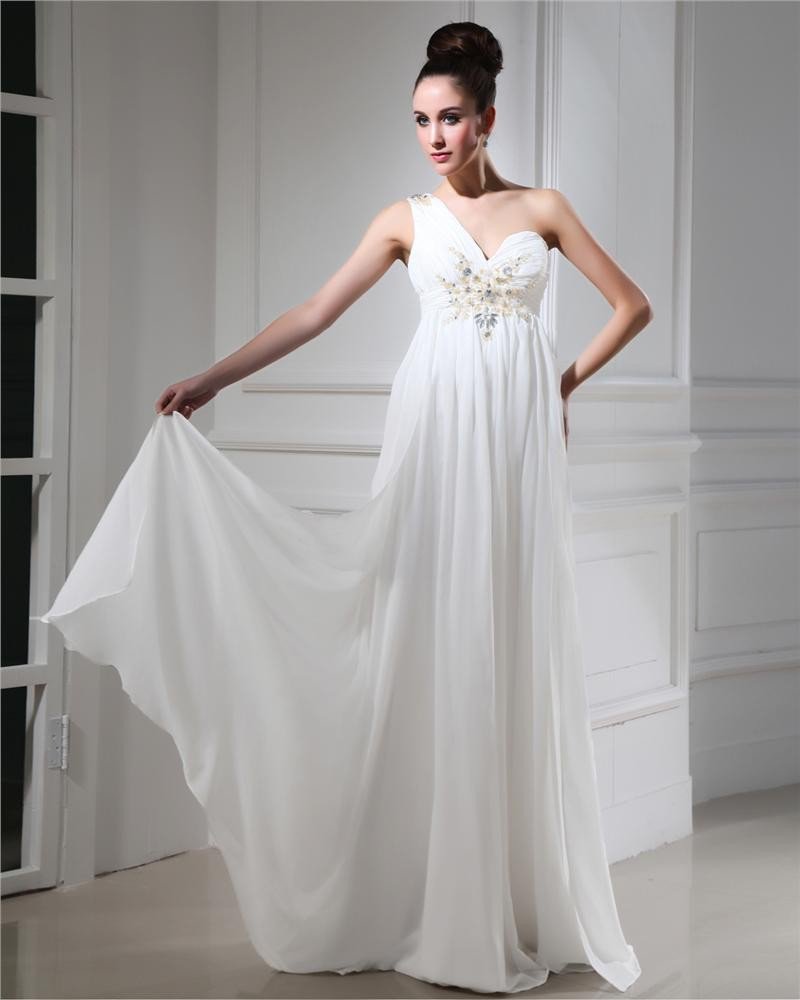 One Shoulder Chiffon Applique Pleated Beading Floor Length Evening Dresses