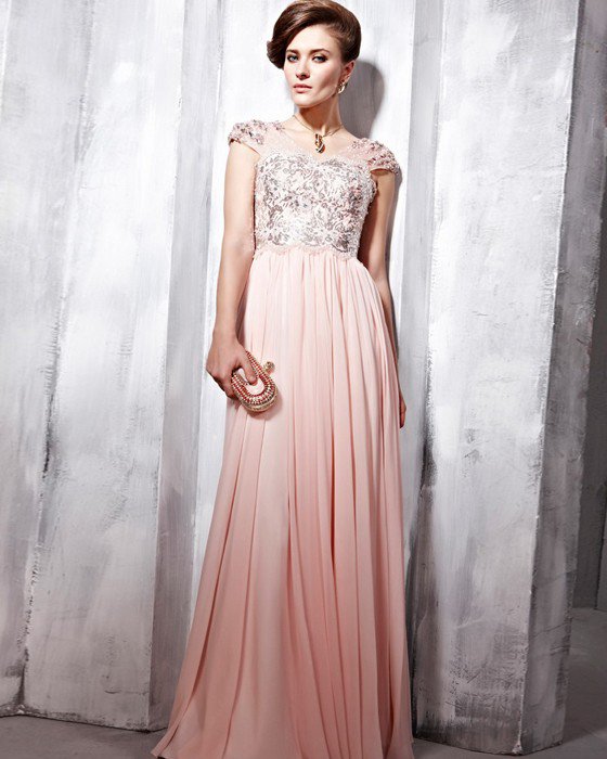 Ruffle Beaded Silk Charmeuse V Neck Floor Length Evening Dresses