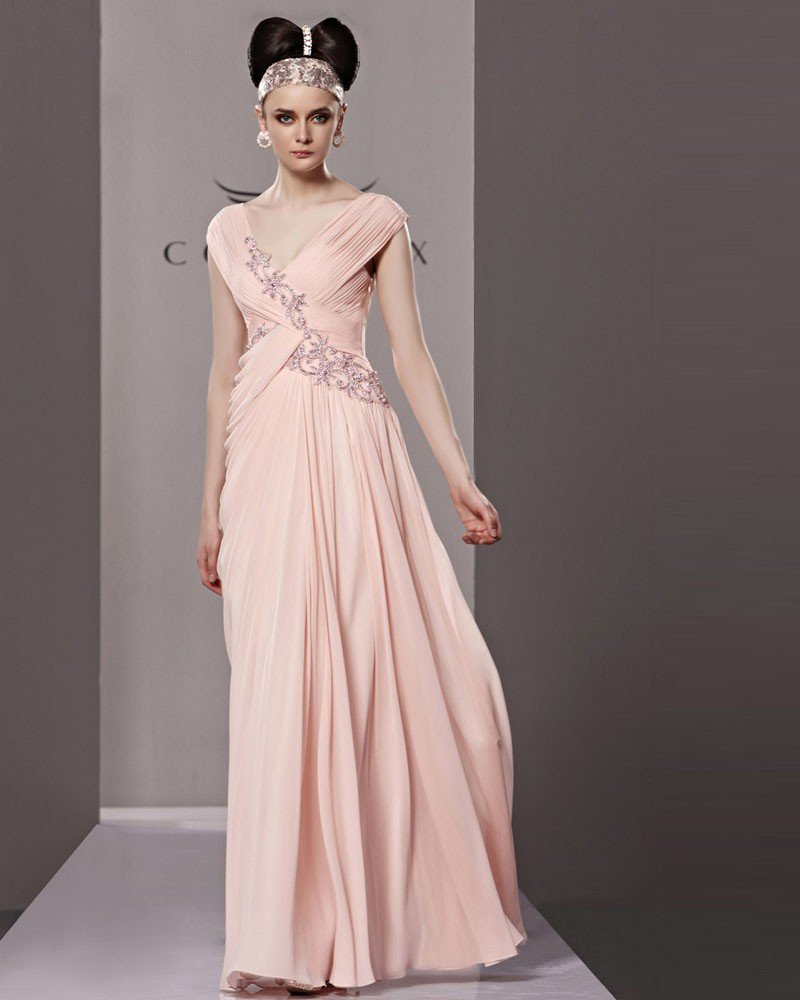 Elegant V Neck Floor Length Beading Tencel Charmeuse Evening Dress