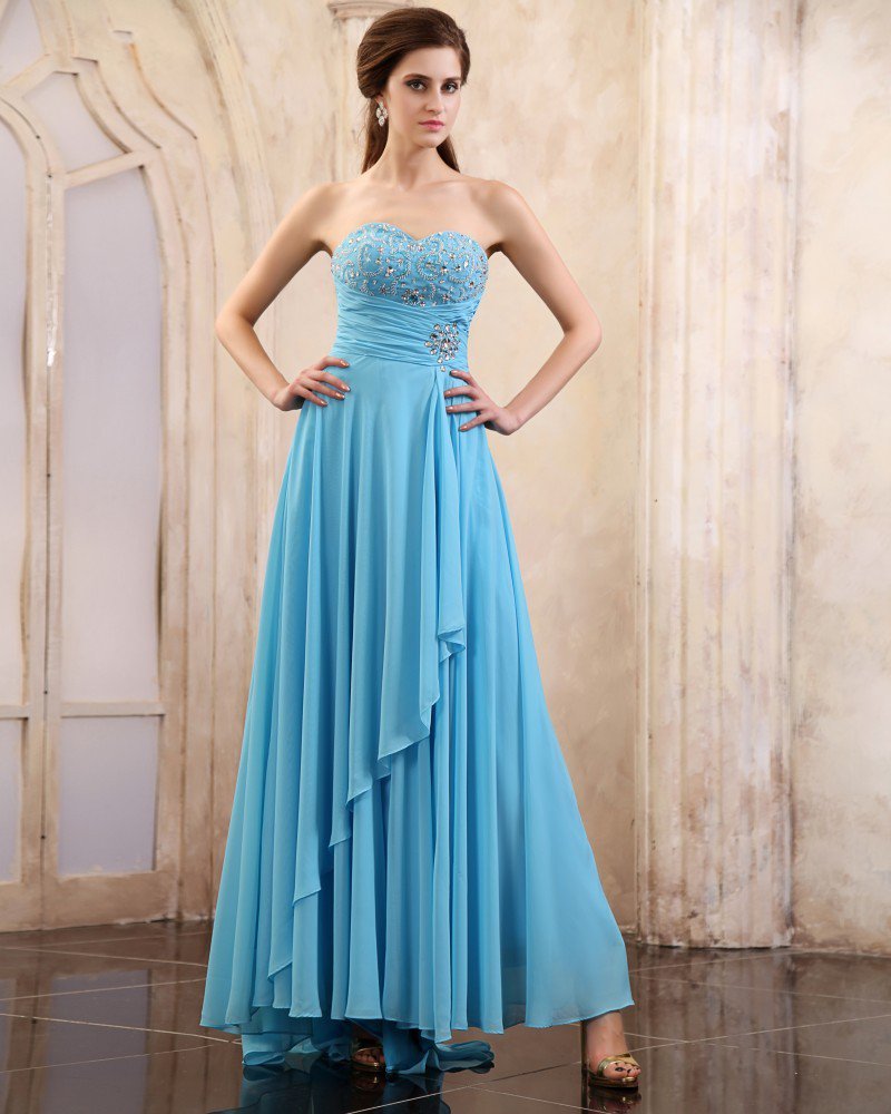 Sleeveless Chiffon Beading Ruffles Sweetheart Long Evening Dresses