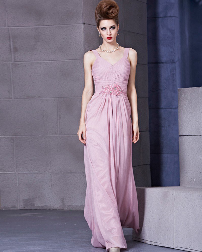 V Neck Sleeveless Floor Length Beading Charmeuse Empire Woman Evening Dress