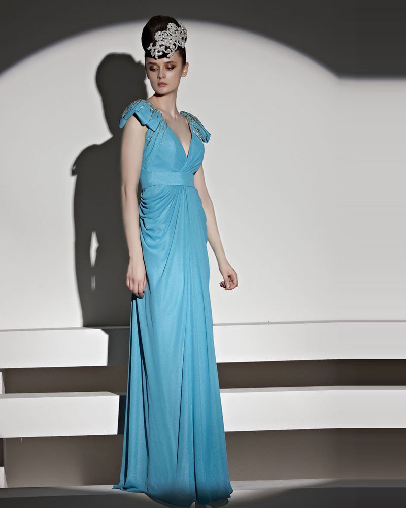 Elegant Beading Floor Length V Neck Tulle Charmeuse Evening Dress