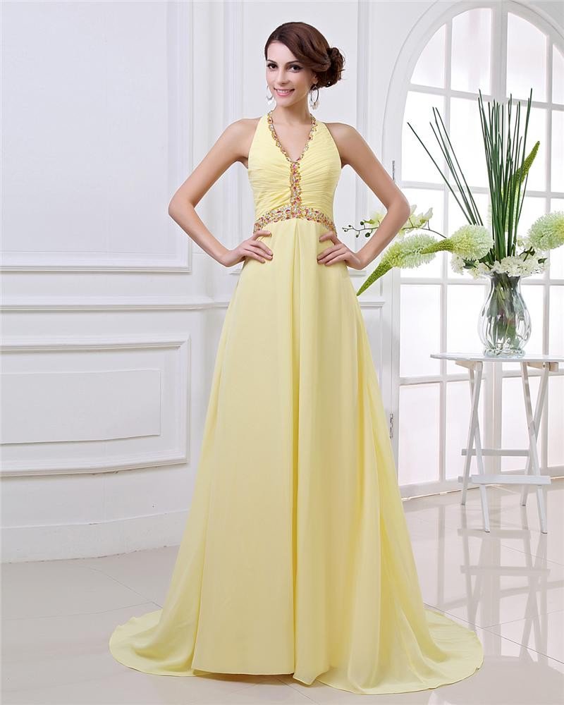 Elegant Floor Length Beading Pleated Chiffon Halter Women Evening Dress