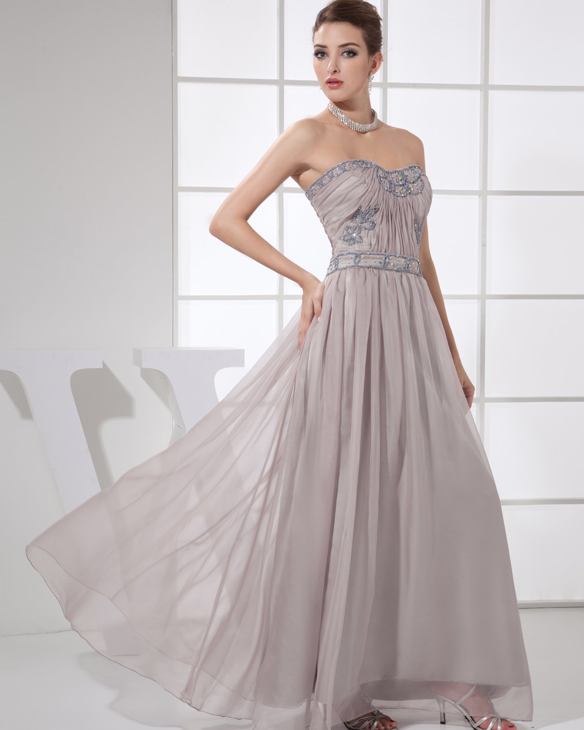 Sweetheart Sleeveless Zipper Floor Length Beading Ruffle Empire Chiffon Silk Woman Evening Dress