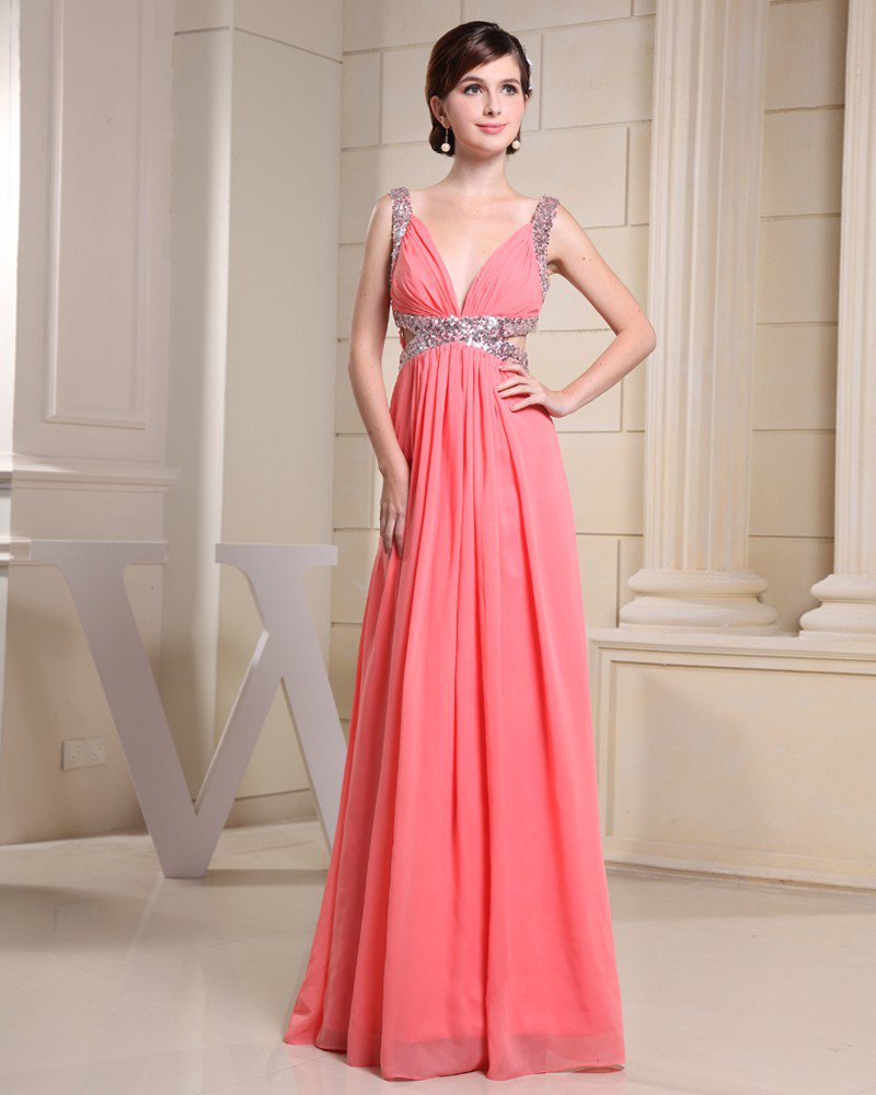 Fashion Chiffon Charmeuse Silk Paillette Straps Floor Length Sleeveless Women Evening Dress