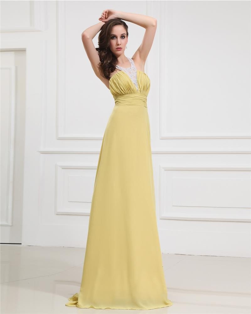 Empire Chiffon Beading Halter Floor Length Evening Dresses