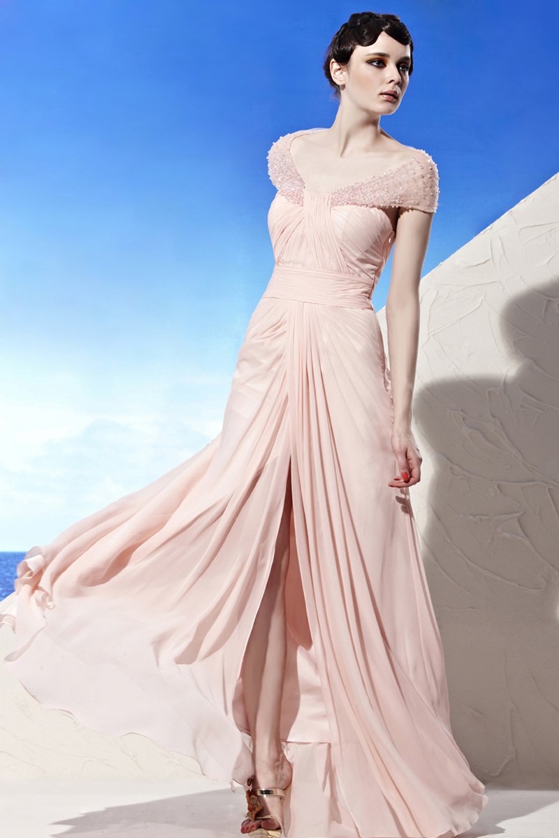 V Neck Wrap Shoulder Beading Sleeveless Backless Floor Length Tencel Woman Evening Dresses