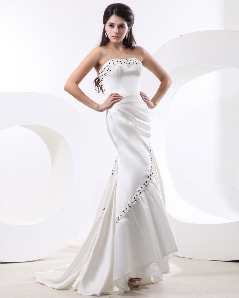Charmeuse Strapless Ruffle Beading Floor Length Women Evening Dress