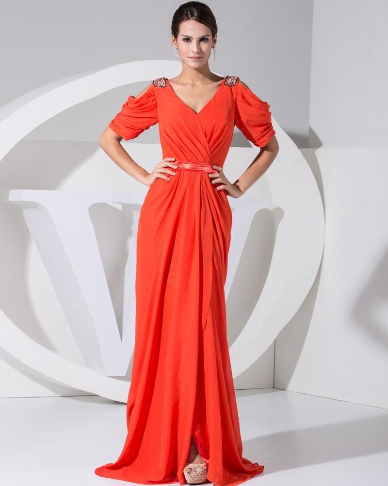 Chiffon Elastic Silk Like Satin Silk V Neck Epaulet Short Sleeve Ruffle Zipper Floor Length Celebrit