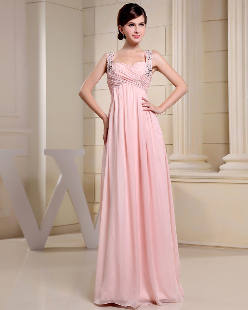 Fashion Chiffon Charmeuse Silk Pleated Beaded Straps Floor Length Sleeveless Women Evening Dress