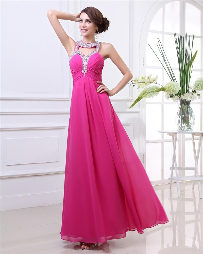 Beautiful Halter Ankle Length Beading Pleated Chiffon Women Evening Dress