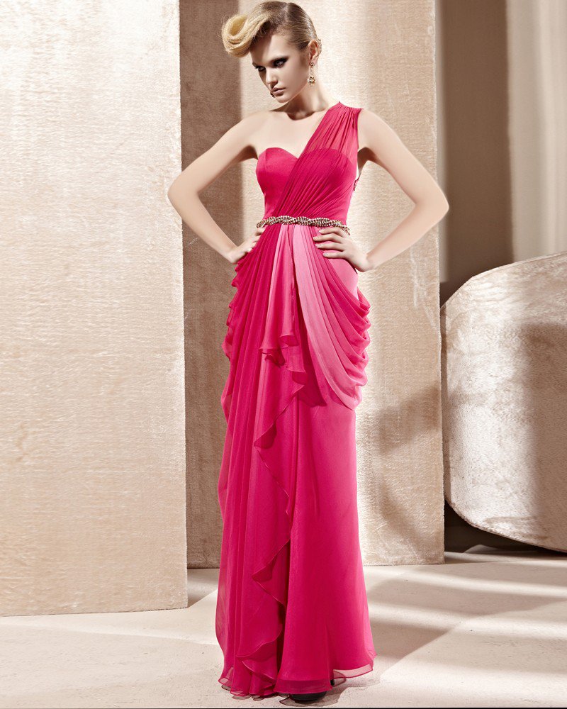 One Shoulder Sweetheart Neck Ruffle Rhinestone Belt Sleeveless Backless Floor Length Charmeuse Woman