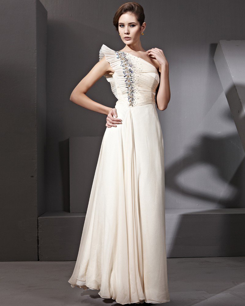 Floor Length Butterfly Sleeve Silk Chiffon Single Shoulder Evening Dresses