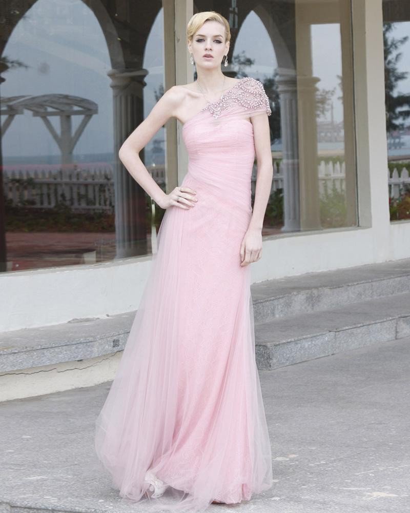 Charmeuse Mesh Lace Beaded Diamond Ruffles Sloping Floor Length Evening Dress